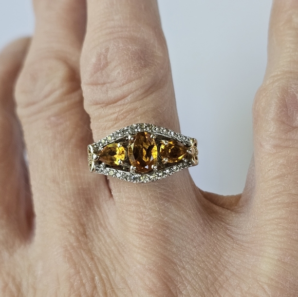 Genuine 🍋 Citrine & White Zircon Ring in 14k Yellow Gold & Sterling Silver Sz 6 - Picture 7 of 17